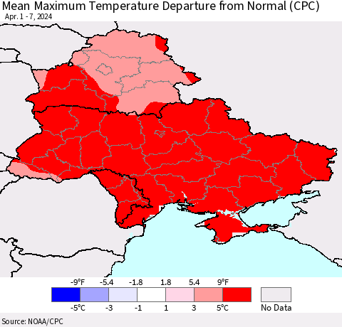 Ukraine, Moldova and Belarus Mean Maximum Temperature Departure from Normal (CPC) Thematic Map For 4/1/2024 - 4/7/2024