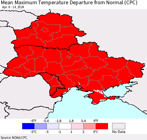Ukraine, Moldova and Belarus Mean Maximum Temperature Departure from Normal (CPC) Thematic Map For 4/8/2024 - 4/14/2024