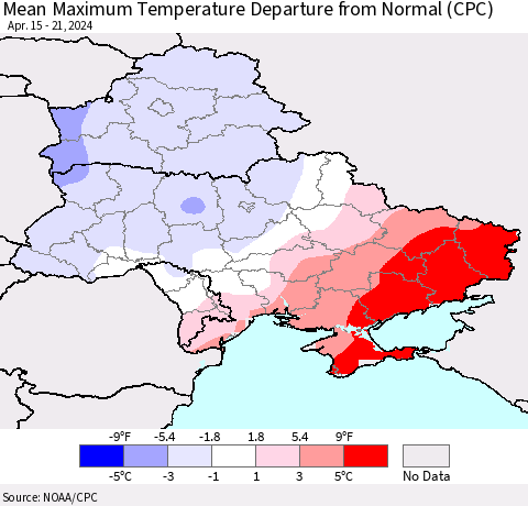 Ukraine, Moldova and Belarus Mean Maximum Temperature Departure from Normal (CPC) Thematic Map For 4/15/2024 - 4/21/2024
