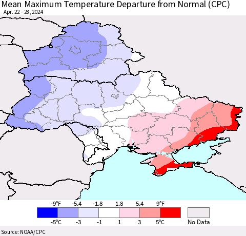 Ukraine, Moldova and Belarus Mean Maximum Temperature Departure from Normal (CPC) Thematic Map For 4/22/2024 - 4/28/2024