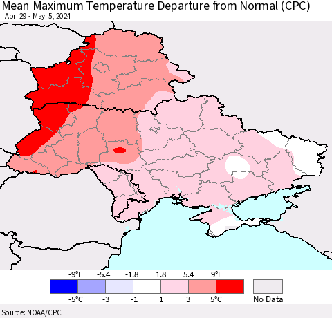 Ukraine, Moldova and Belarus Mean Maximum Temperature Departure from Normal (CPC) Thematic Map For 4/29/2024 - 5/5/2024