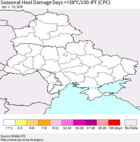 Ukraine, Moldova and Belarus Seasonal Heat Damage Days >=38°C/100.4°F (CPC) Thematic Map For 4/1/2020 - 4/10/2020