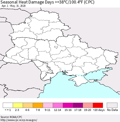 Ukraine, Moldova and Belarus Seasonal Heat Damage Days >=38°C/100.4°F (CPC) Thematic Map For 4/1/2020 - 5/31/2020