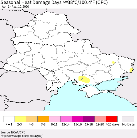 Ukraine, Moldova and Belarus Seasonal Heat Damage Days >=38°C/100°F (CPC) Thematic Map For 4/1/2020 - 8/10/2020
