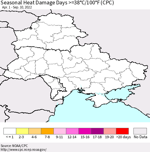 Ukraine, Moldova and Belarus Seasonal Heat Damage Days >=38°C/100°F (CPC) Thematic Map For 4/1/2022 - 9/10/2022