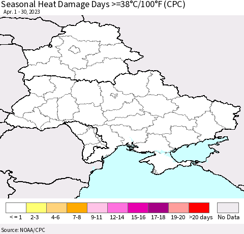 Ukraine, Moldova and Belarus Seasonal Heat Damage Days >=38°C/100°F (CPC) Thematic Map For 4/1/2023 - 4/30/2023