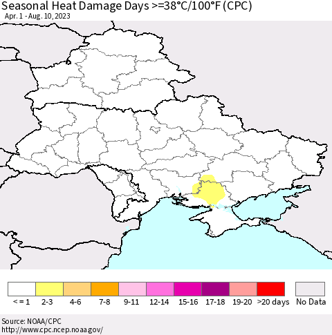 Ukraine, Moldova and Belarus Seasonal Heat Damage Days >=38°C/100°F (CPC) Thematic Map For 4/1/2023 - 8/10/2023