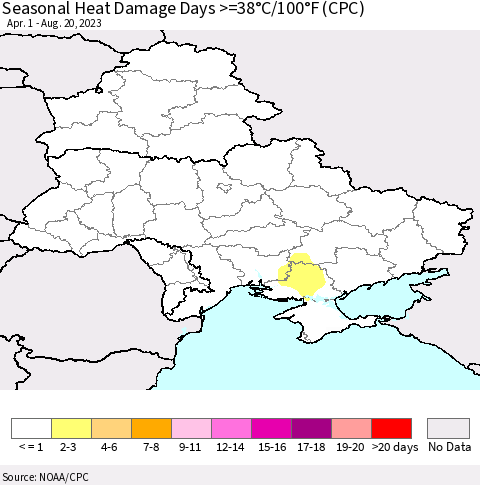 Ukraine, Moldova and Belarus Seasonal Heat Damage Days >=38°C/100°F (CPC) Thematic Map For 4/1/2023 - 8/20/2023
