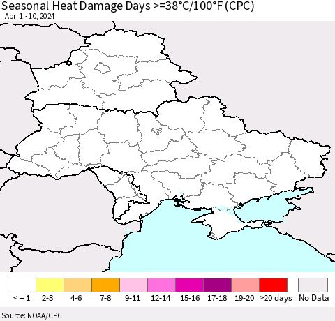Ukraine, Moldova and Belarus Seasonal Heat Damage Days >=38°C/100°F (CPC) Thematic Map For 4/1/2024 - 4/10/2024
