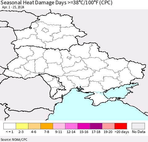 Ukraine, Moldova and Belarus Seasonal Heat Damage Days >=38°C/100°F (CPC) Thematic Map For 4/1/2024 - 4/25/2024