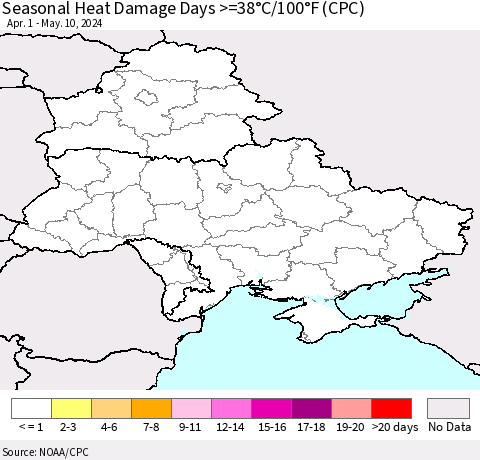 Ukraine, Moldova and Belarus Seasonal Heat Damage Days >=38°C/100°F (CPC) Thematic Map For 4/1/2024 - 5/10/2024