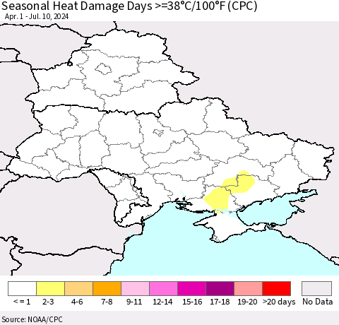 Ukraine, Moldova and Belarus Seasonal Heat Damage Days >=38°C/100°F (CPC) Thematic Map For 4/1/2024 - 7/10/2024