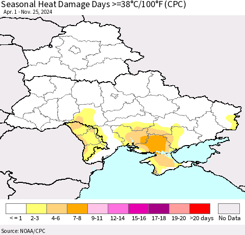 Ukraine, Moldova and Belarus Seasonal Heat Damage Days >=38°C/100°F (CPC) Thematic Map For 4/1/2024 - 11/25/2024