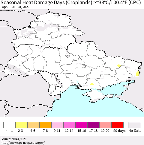Ukraine, Moldova and Belarus Seasonal Heat Damage Days (Croplands) >=38°C/100.4°F (CPC) Thematic Map For 4/1/2020 - 7/31/2020