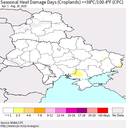 Ukraine, Moldova and Belarus Seasonal Heat Damage Days (Croplands) >=38°C/100.4°F (CPC) Thematic Map For 4/1/2020 - 8/20/2020