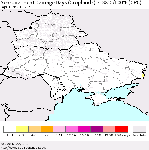 Ukraine, Moldova and Belarus Seasonal Heat Damage Days (Croplands) >=38°C/100°F (CPC) Thematic Map For 4/1/2021 - 11/10/2021