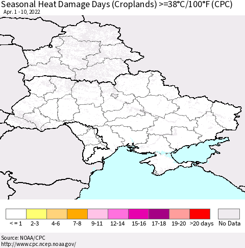 Ukraine, Moldova and Belarus Seasonal Heat Damage Days (Croplands) >=38°C/100°F (CPC) Thematic Map For 4/1/2022 - 4/10/2022