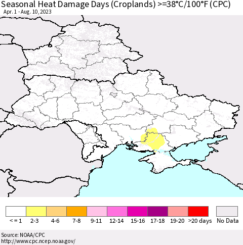 Ukraine, Moldova and Belarus Seasonal Heat Damage Days (Croplands) >=38°C/100°F (CPC) Thematic Map For 4/1/2023 - 8/10/2023