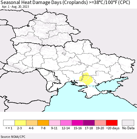 Ukraine, Moldova and Belarus Seasonal Heat Damage Days (Croplands) >=38°C/100°F (CPC) Thematic Map For 4/1/2023 - 8/20/2023