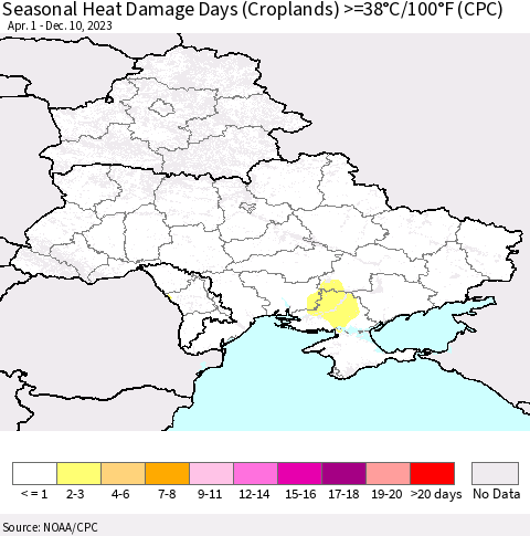 Ukraine, Moldova and Belarus Seasonal Heat Damage Days (Croplands) >=38°C/100°F (CPC) Thematic Map For 4/1/2023 - 12/10/2023