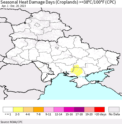 Ukraine, Moldova and Belarus Seasonal Heat Damage Days (Croplands) >=38°C/100°F (CPC) Thematic Map For 4/1/2023 - 12/20/2023