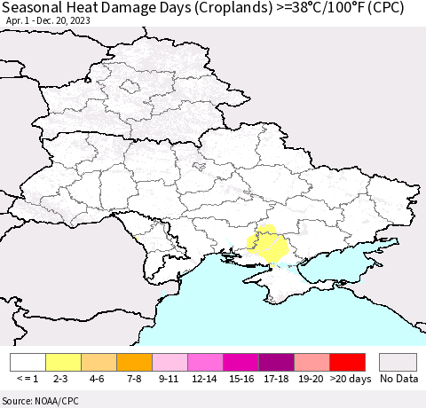 Ukraine, Moldova and Belarus Seasonal Heat Damage Days (Croplands) >=38°C/100°F (CPC) Thematic Map For 4/1/2023 - 12/20/2023