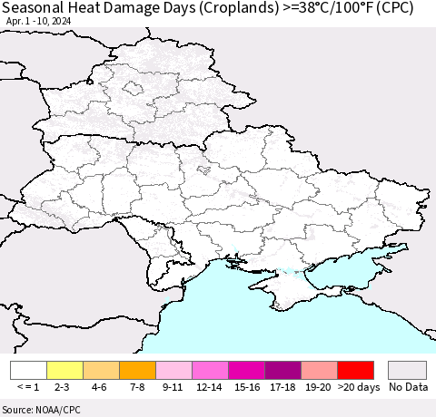 Ukraine, Moldova and Belarus Seasonal Heat Damage Days (Croplands) >=38°C/100°F (CPC) Thematic Map For 4/1/2024 - 4/10/2024