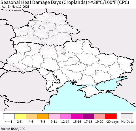 Ukraine, Moldova and Belarus Seasonal Heat Damage Days (Croplands) >=38°C/100°F (CPC) Thematic Map For 4/1/2024 - 5/10/2024