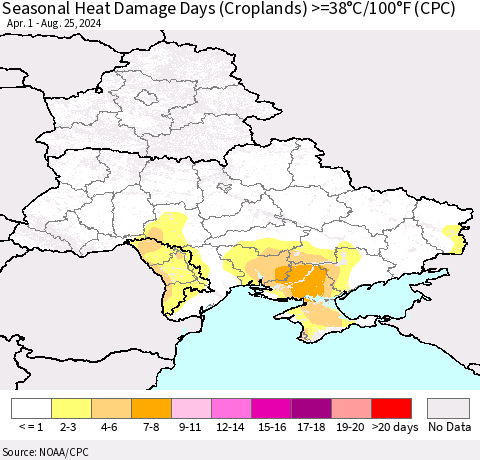 Ukraine, Moldova and Belarus Seasonal Heat Damage Days (Croplands) >=38°C/100°F (CPC) Thematic Map For 4/1/2024 - 8/25/2024