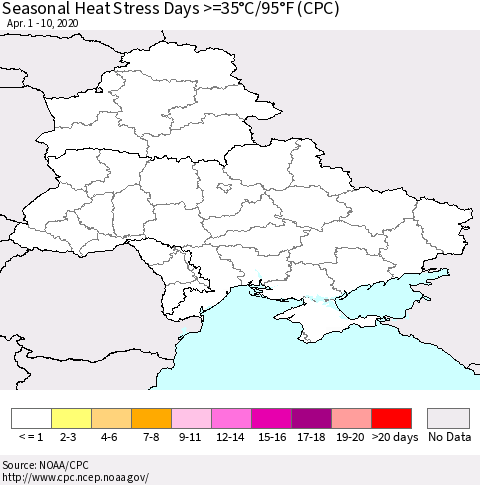 Ukraine, Moldova and Belarus Seasonal Heat Stress Days >=35°C/95°F (CPC) Thematic Map For 4/1/2020 - 4/10/2020