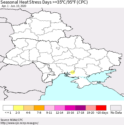Ukraine, Moldova and Belarus Seasonal Heat Stress Days >=35°C/95°F (CPC) Thematic Map For 4/1/2020 - 6/10/2020