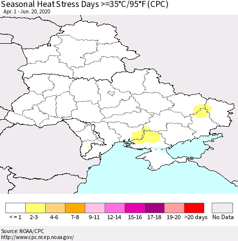 Ukraine, Moldova and Belarus Seasonal Heat Stress Days >=35°C/95°F (CPC) Thematic Map For 4/1/2020 - 6/20/2020