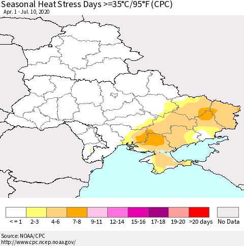 Ukraine, Moldova and Belarus Seasonal Heat Stress Days >=35°C/95°F (CPC) Thematic Map For 4/1/2020 - 7/10/2020