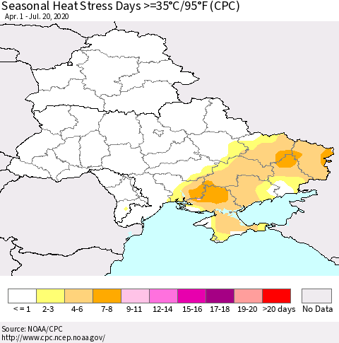 Ukraine, Moldova and Belarus Seasonal Heat Stress Days >=35°C/95°F (CPC) Thematic Map For 4/1/2020 - 7/20/2020