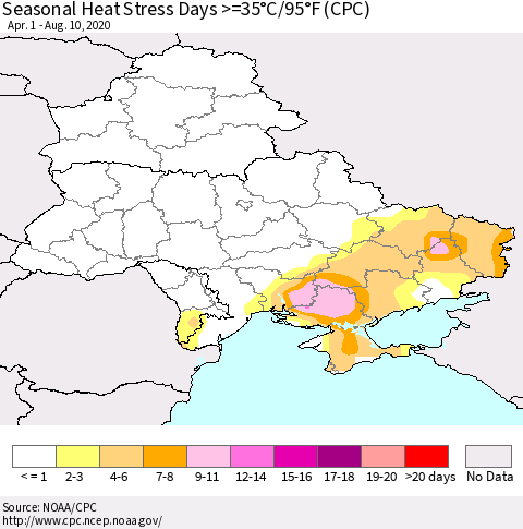 Ukraine, Moldova and Belarus Seasonal Heat Stress Days >=35°C/95°F (CPC) Thematic Map For 4/1/2020 - 8/10/2020
