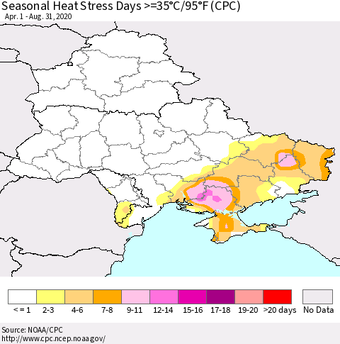 Ukraine, Moldova and Belarus Seasonal Heat Stress Days >=35°C/95°F (CPC) Thematic Map For 4/1/2020 - 8/31/2020
