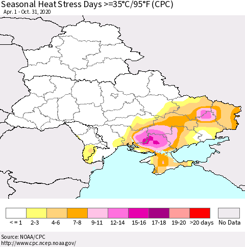 Ukraine, Moldova and Belarus Seasonal Heat Stress Days >=35°C/95°F (CPC) Thematic Map For 4/1/2020 - 10/31/2020