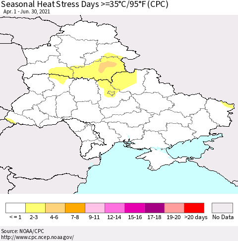 Ukraine, Moldova and Belarus Seasonal Heat Stress Days >=35°C/95°F (CPC) Thematic Map For 4/1/2021 - 6/30/2021