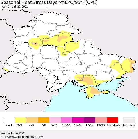 Ukraine, Moldova and Belarus Seasonal Heat Stress Days >=35°C/95°F (CPC) Thematic Map For 4/1/2021 - 7/20/2021