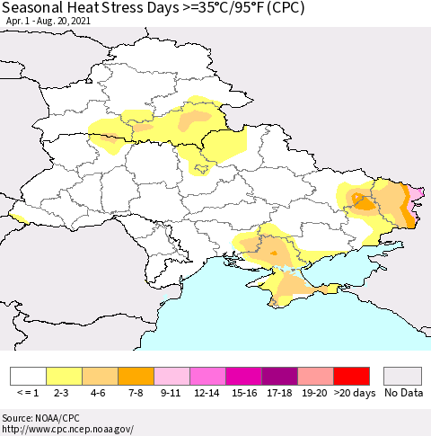 Ukraine, Moldova and Belarus Seasonal Heat Stress Days >=35°C/95°F (CPC) Thematic Map For 4/1/2021 - 8/20/2021
