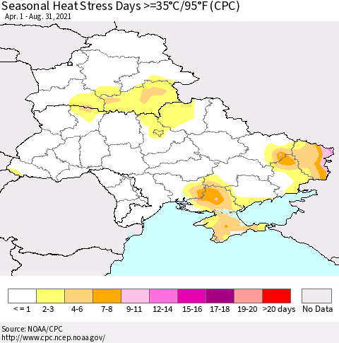 Ukraine, Moldova and Belarus Seasonal Heat Stress Days >=35°C/95°F (CPC) Thematic Map For 4/1/2021 - 8/31/2021