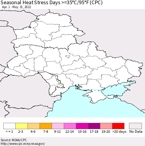 Ukraine, Moldova and Belarus Seasonal Heat Stress Days >=35°C/95°F (CPC) Thematic Map For 4/1/2022 - 5/31/2022