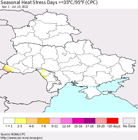 Ukraine, Moldova and Belarus Seasonal Heat Stress Days >=35°C/95°F (CPC) Thematic Map For 4/1/2022 - 7/10/2022