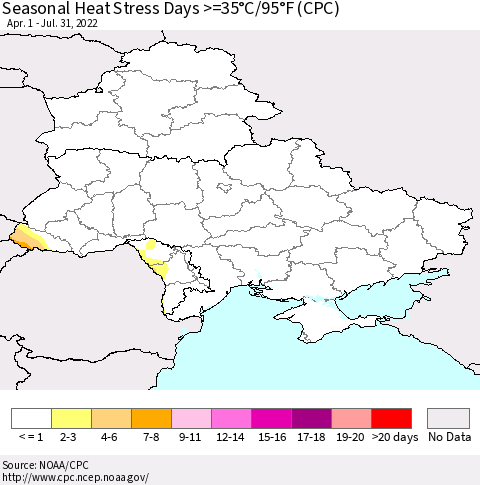 Ukraine, Moldova and Belarus Seasonal Heat Stress Days >=35°C/95°F (CPC) Thematic Map For 4/1/2022 - 7/31/2022
