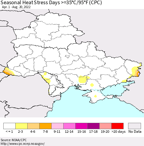 Ukraine, Moldova and Belarus Seasonal Heat Stress Days >=35°C/95°F (CPC) Thematic Map For 4/1/2022 - 8/20/2022