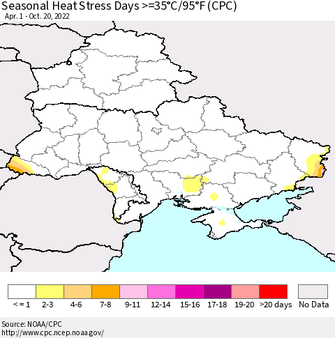 Ukraine, Moldova and Belarus Seasonal Heat Stress Days >=35°C/95°F (CPC) Thematic Map For 4/1/2022 - 10/20/2022