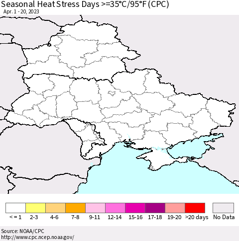 Ukraine, Moldova and Belarus Seasonal Heat Stress Days >=35°C/95°F (CPC) Thematic Map For 4/1/2023 - 4/20/2023