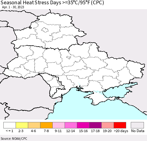 Ukraine, Moldova and Belarus Seasonal Heat Stress Days >=35°C/95°F (CPC) Thematic Map For 4/1/2023 - 4/30/2023