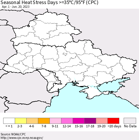 Ukraine, Moldova and Belarus Seasonal Heat Stress Days >=35°C/95°F (CPC) Thematic Map For 4/1/2023 - 6/20/2023