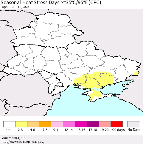 Ukraine, Moldova and Belarus Seasonal Heat Stress Days >=35°C/95°F (CPC) Thematic Map For 4/1/2023 - 7/10/2023